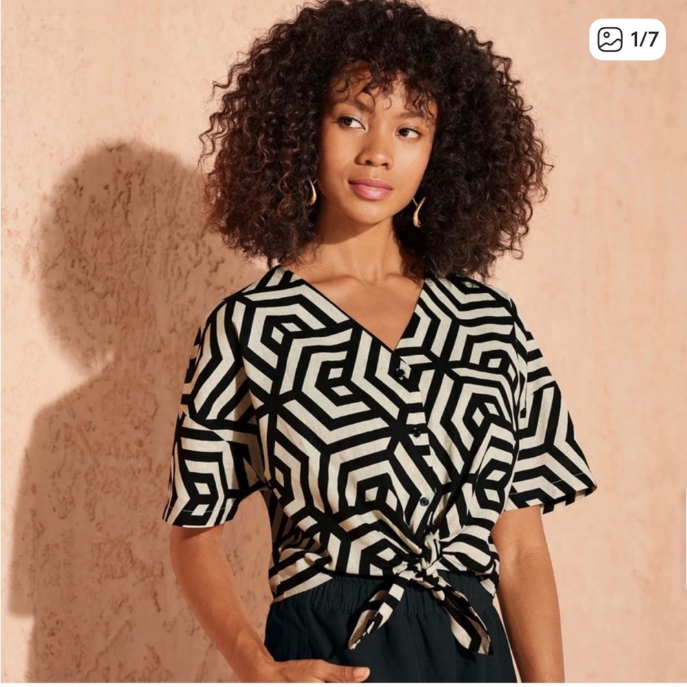 ESMARA 12 linen blend waist tie Geometric Blouse